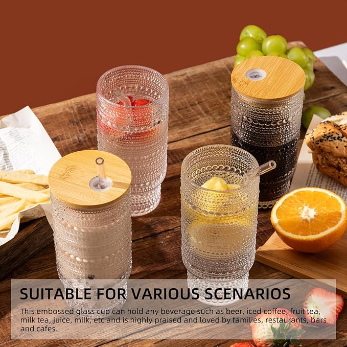Drinking Glasses with Bamboo Lids and Glass Straw 4pcs Set,16oz Glass Tumbler Cups,Water Glasses,Iced Coffee Glasses,iced Tea Glasses,Beer Glasses,Ideal for Whiskey,2 Brushes