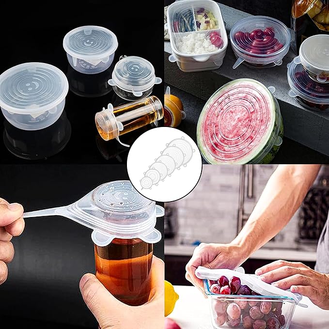 6pcs Silicone Stretch Lids – Reusable Food Covers for Bowls, Cups, Jars, and Containers – Durable, Expandable, Airtight Seal to Keep Food Fresh and Reduce Waste