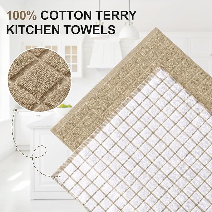 Homaxy Premium Cotton Kitchen Towels 16"x 28", Large Natural Ring Spun 390 GSM Dish Towels, Super Absorbent Terry Kitchen Hand Towels, Soft Tea Towel with Hanging Loop, Tan Check Design, 6 Pack