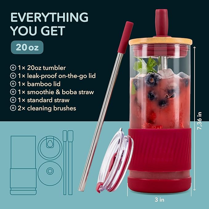 Pandaloo® Glass Cups With Lids and Straws -20 Fl Oz- Perfect Size Iced Coffee Cup - Smoothie Cup With Bamboo Lid and On the go Lid - Glass Tumbler With Straw (1 Count (Pack of 1), Boysenberry)