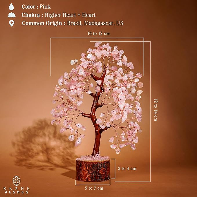 KARMAPLEDGE Rose Quartz Crystal Tree of Life for Women Office Decor, Good Luck, Money, Meditation, Positivity, Handmade Healing Crystal Stones Bonsai Tree Spiritual Birthday Gifts for Women