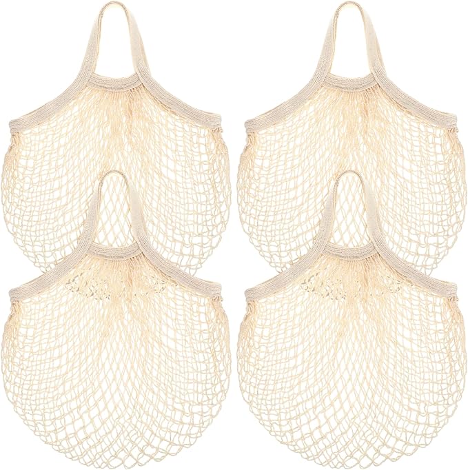 Paterr 4 Pack Cotton Mesh Produce Bags Bulk Reusable Market Bag Washable Net Grocery Purse String Shopping Tote Beach Organizer for Vegetable Fruit Picnic Food Storage (Short Handle,Beige)