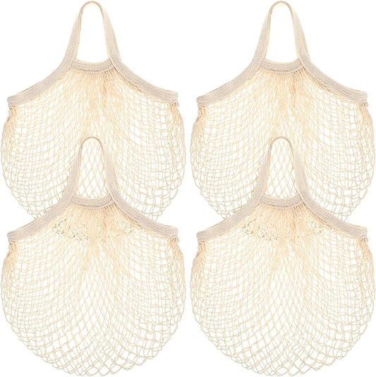 Paterr 4 Pack Cotton Mesh Produce Bags Bulk Reusable Market Bag Washable Net Grocery Purse String Shopping Tote Beach Organizer for Vegetable Fruit Picnic Food Storage (Short Handle,Beige)
