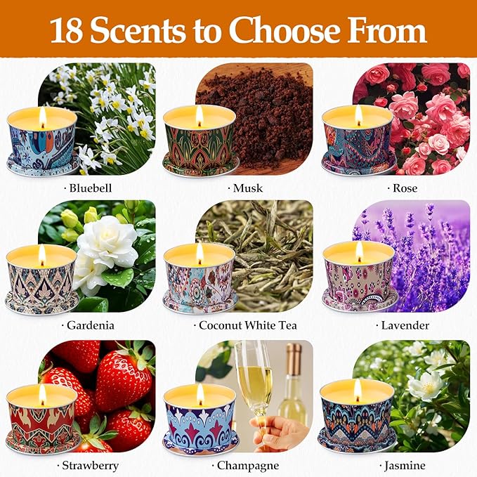 18 Pack Scented Candle Sets | Travel Aromatherapy Jar Candles | Small Soy Wax Candles with 10% Essential Oils |18 Scents Candles for Home and Travel | Gift Sets for Birthday, Christmas
