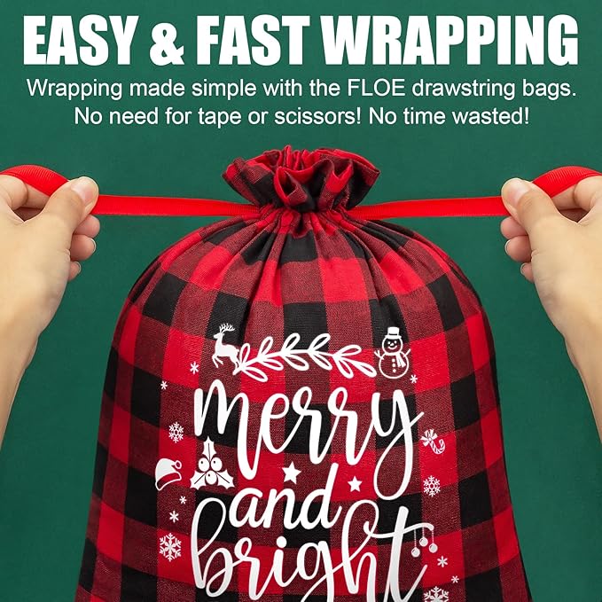 10 PCS Christmas Drawstring Gift Bags with Tags, Buffalo Plaid Xmas Gift Bags Assorted Sizes Bulk, Cotton Fabric Holiday Gift Bag Large Medium Small Wrapping Bag for Xmas Presents Decor Party Favors
