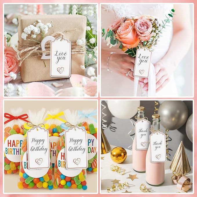 120 PCS Gift Tags with String Attached Foil Rose Gold Heart Paper Tags Writable Blank Tag for Gift Bags Valentine's Day Mother's Day Wedding DIY Craft Project Stocking Stuffers 3.5''×2''