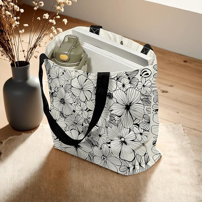 Large Tote Bag for Women, Floral Grocery Tote with Snap Thick Canvas Both Side Pattern, Gift Daily Use Shopping Travel Picnic