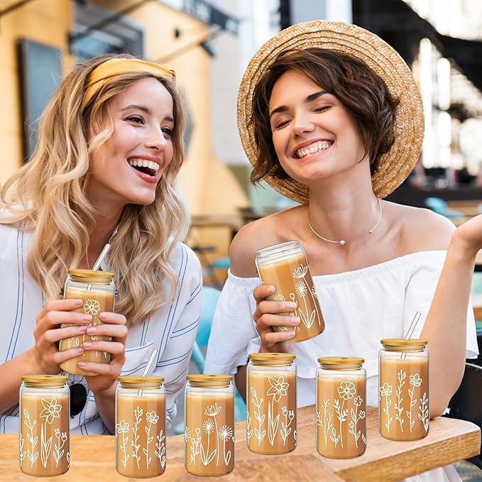 Mumufy Gift for Women Cute Glass Cup Tumbler Flower Iced Coffee Mugs 16 oz Glass with Bamboo Lid & Straw, Mothers Day Birthday Gift for Mom Sister Bridesmaid Baby Shower(12 Pack,Boho Floral)