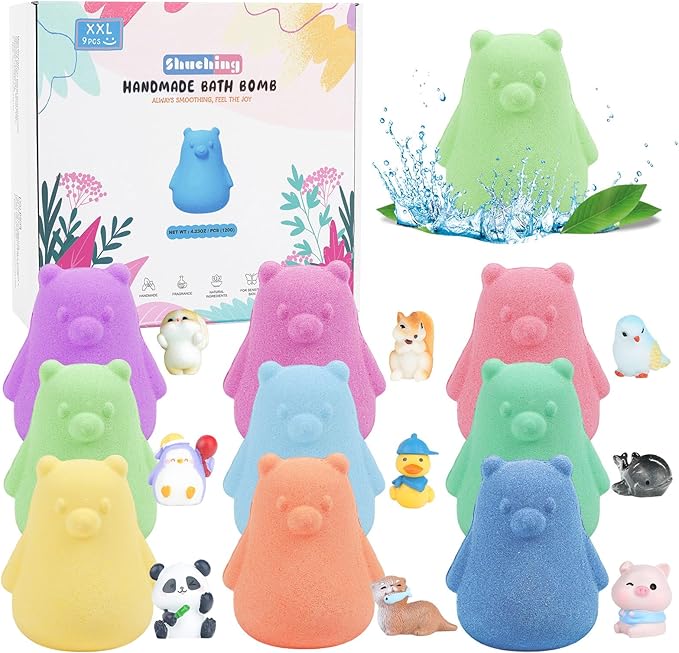 SHUCHING 9 PCS XXL Bear Bath Bombs with Surprise Inside, Natural and Organic Bubble Bath Fizzy Balls for Kids, Birthday Christmas Gifts Set for Boys Girls
