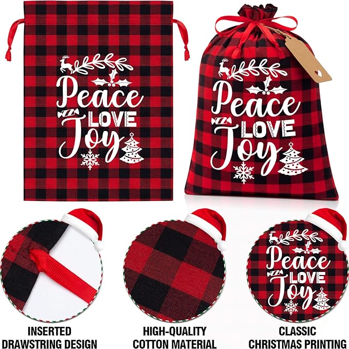 10 PCS Christmas Drawstring Gift Bags with Tags, Buffalo Plaid Xmas Gift Bags Assorted Sizes Bulk, Cotton Fabric Holiday Gift Bag Large Medium Small Wrapping Bag for Xmas Presents Decor Party Favors
