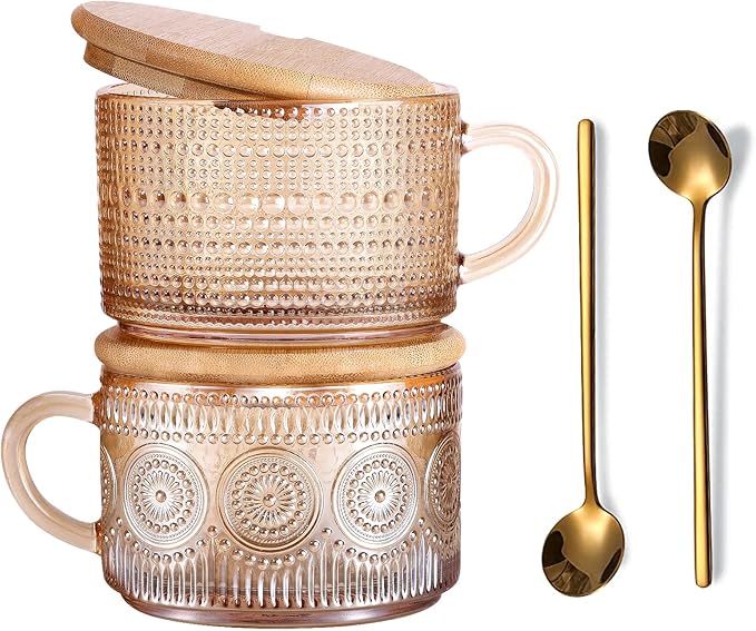 Vintage Glass Coffee Mugs Set of 2 Amber, Embossed Tea Cups with Bamboo Lids and Spoons, 14 Oz Glass Breakfast Cups for Cappccino, Latte, Yogurt, Dessert, Breakfast, Mothers Day Gifts