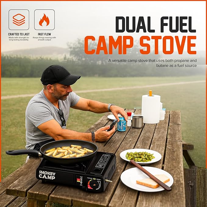 Portable Camping Stove with Plastic Suitcase 3000W Dual Fuel Compatable with Butane or Propane Fuel Tanks, Automatic Ignition, Precise Heat Control, for Camping, Hiking, and Outdoor Cookwing