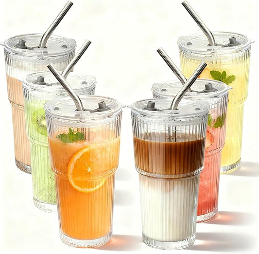 6 Packs Ribbed Glass Tumbler with Lid and Straw 16 oz Cute Ice Coffee Cup Set Bulk Vasos de Vidrio Con Tazas Para Cafe Cocina Accesorios Home Bar Accessories New Slushie House Gift Kitchen Stuff