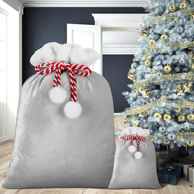 Shappy 2 Pieces Christmas Velvet Santa Bags with Drawstring in 2 Size Large Christmas Bags Santa Gift Sack for Xmas Playing Present Toy(Grey)