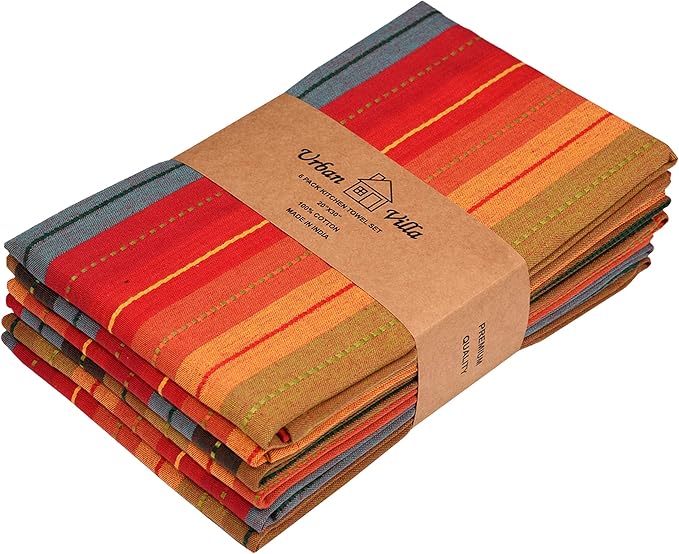 Urban Villa Kitchen Towels 100% Cotton Dish Towels for Kitchen (Set of 6) 20"x30" Highly Absorbent Kitchen Linen Set with Hanging Loop Dish Cloths Perfect for Drying Dishes Cleaning Towels - Red Multi
