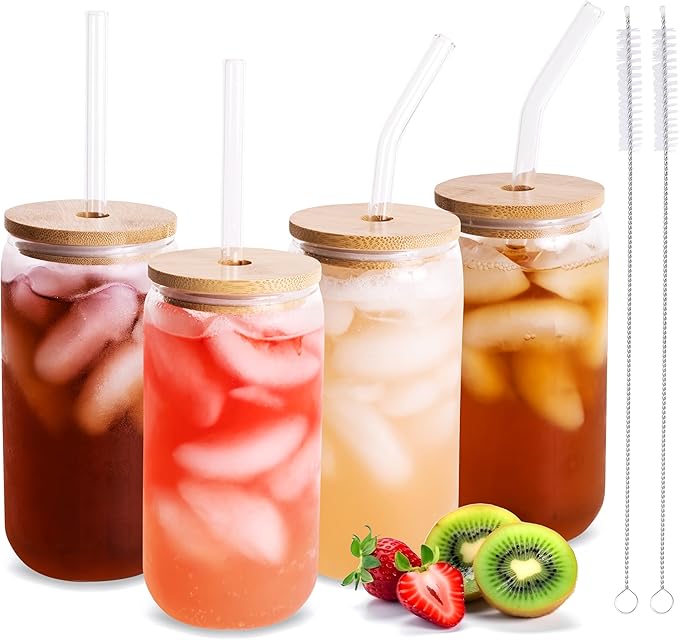 Drinking Glasses 18oz, with Bamboo Lids and Glass Straws, Set of 4, for Mixed Drinks, Cocktails, Beer, Iced Coffee/Tea, Fresh Juice, Smoothies, Parties/Gifts - Includes 2 Straw Cleaners (Clear)