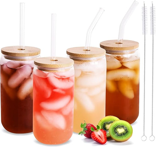 Drinking Glasses 18oz, with Bamboo Lids and Glass Straws, Set of 4, for Mixed Drinks, Cocktails, Beer, Iced Coffee/Tea, Fresh Juice, Smoothies, Parties/Gifts - Includes 2 Straw Cleaners (Clear)