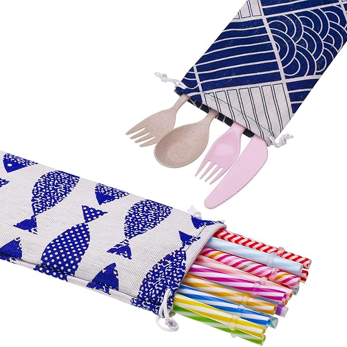 Tatuo 5 Pieces Straw Carrying Case Reusable Cutlery Pouch Portable Drawstring Bag, Storage Travel Bag for Straws, Knife, Fork, Spoon,chopsticks Stainless Steel,glass,silicone(11.7 x 3.9 Inch)