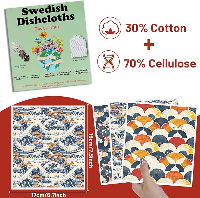 Swedish Dishcloths for Kitchen, 6PCS Japanese Style Reusable Swedish Dish Cloth Towels Set, Absorbent Quick Drying Dishcloth for Home Cleaning(7.8 X 7 Inches)