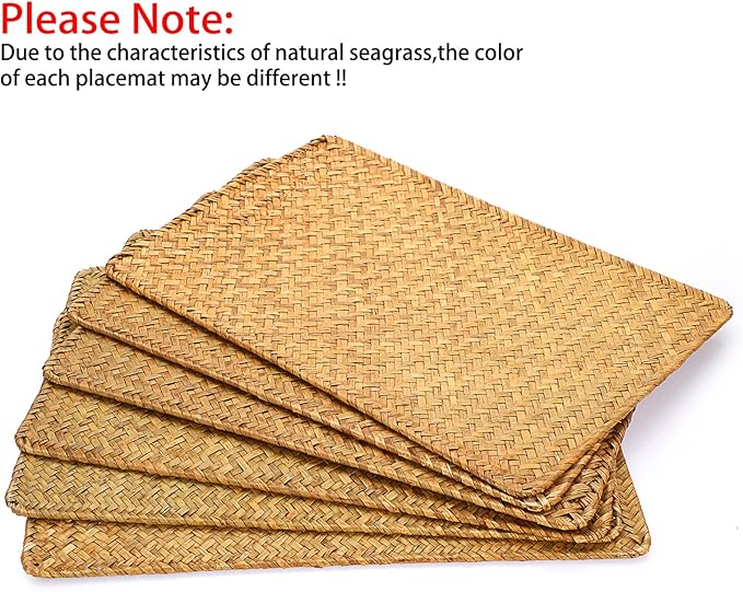 OwnMy Pack of 6 Natural Seagrass Placemats Woven Rattan Place Mat Rectangular Table Mats, 17" x 12" Sea Grass Meal Placemat Bamboo Place Mats for Dining Table Home Kitchen Picnic Table, Caramel Color