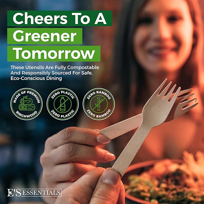700-Piece Wooden Cutlery Set – [300 Forks, 200 Spoons, 200 Knives] – Bulk Disposable Utensils | Compostable Birchwood | Eco-Friendly, Biodegradable & Durable for Events & Everyday Use – E’s Essentials