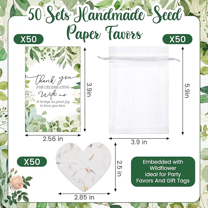 50 Sets Wedding Gifts for Guests Heart Shaped Seed Paper Baby Shower Seed Packet Party Favor Plantable Paper Thank You Cards and Organza Bags for Bridal Shower Party Favors(Leaves Style)