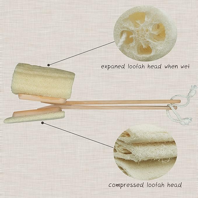 Natural Exfoliating Loofah Luffa Loofa Back Sponge Scrubber Brush with Long Wooden Handle Stick Holder Body Shower Bath Spa Pack of 2