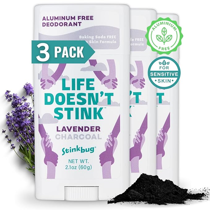 Stinkbug Naturals Organic Aluminum Free Deodorant Stick with Lavender, Coconut Oil and Activated Charcoal, Paraben Free, Sensitive Skin Deodorant, 2.1 Ounces Pack of 3