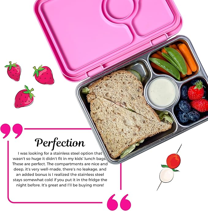 Yumbox Prêt Stainless Steel Bento Lunch Box, 3 Compartment, Secure Seal, BPA-Free, Dishwasher Safe, Compact & Lightweight for Kids & Adults, School & Office Lunch, Portion Control (Versailles Pink)