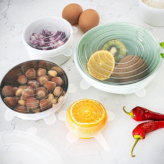 6pcs Silicone Stretch Lids – Reusable Food Covers for Bowls, Cups, Jars, and Containers – Durable, Expandable, Airtight Seal to Keep Food Fresh and Reduce Waste