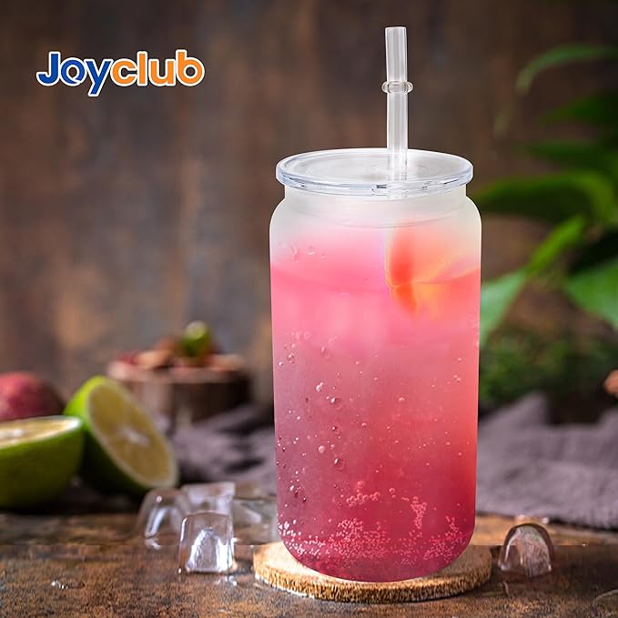 Joyclub 4 Pack Acrylic Lids for 16 oz Glass Cups with Bamboo Lids and Straws Reusable Iced Coffee Cup Beer Can Drinking Glasses for Smoothie Whiskey Boba Soda Tea Gift (Clear)