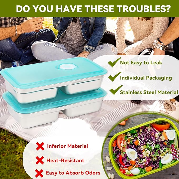 2PCS Stainless Steel Snack Containers with Lids,Reusable Double-Compartment Bento Lunch & Condiment Containers for Meal Prep, Work & Travel