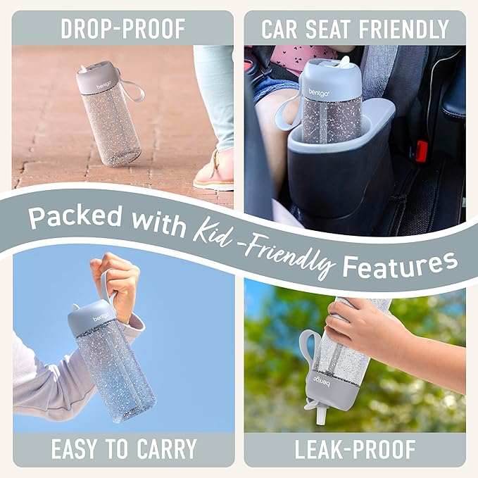 Bentgo Kids Water Bottle - Leak-Proof, Durable Tritan, BPA-Free 15 oz. Cup for Kids/Toddlers Ages 3+, Safe Sip Spout, Carrying Handle, & Dishwasher Safe for School (Glitter Edition - Silver)