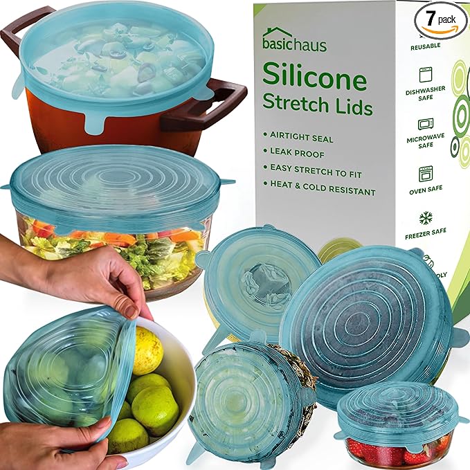Reusable Silicone Stretch Lids for Food Storage in Fridge - Elastic Heat-Resistant Bowl Covers, Cups, Cans, Jars - Universal Food Grade Lid - Dishwasher Safe -7 Pack-Aqua Mist Stretchy Lid Set