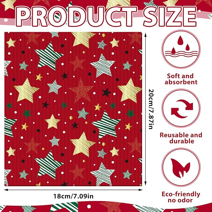 Sunnyray 24 Pcs Swedish Kitchen Dish Cloths Kitchen Towels Reusable Sponge Cleaning Cloths Wipes Absorbent Washable Dish Rags for Bathroom Cleaning(Red,Groovy Style)