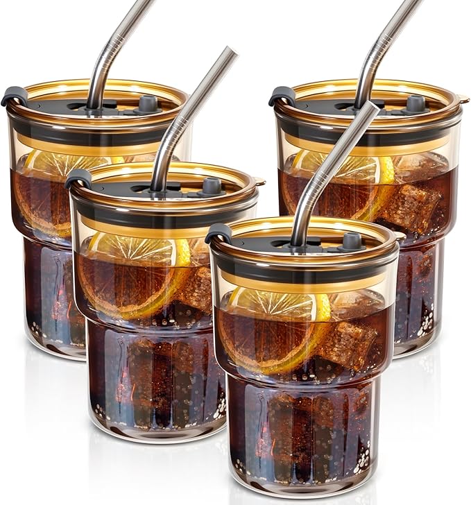 4 Packs Glass Tumbler with Lid and Straw 13 oz Cute Ice Coffee Cup Set for Smoothie Juice Matcha Tea Latte Cappuccino Espresso Hot Coffe Water Reusable Clear Travel Boba Small Drinking Mug