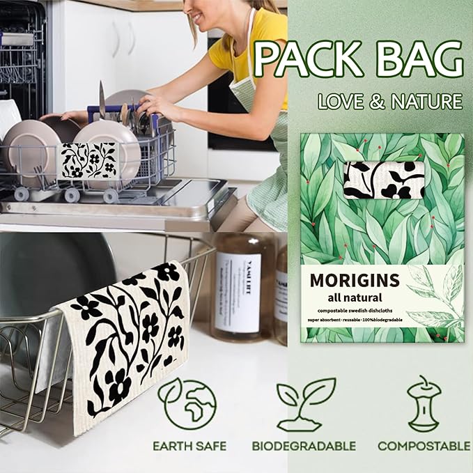 Morigins 12 Pack Swedish Dishcloths with 2 Push Towel Hooks - Super Absorbent Dish Rags for Washing Dishes, Quick Drying Wash Cloth for Kitchen Cleaning- Black Set