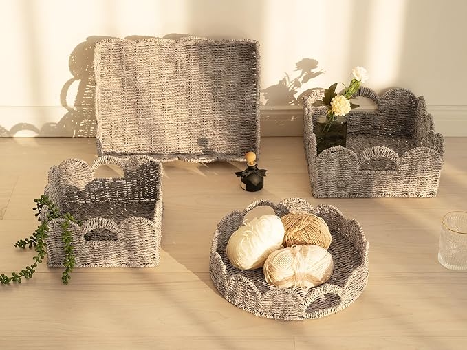 StorageWorks Round Wicker Scalloped Tray, Rattan Serving Trays with Handles, Seagrass Basket for Decorative & Organizing, 13" L x 13" W x 2.75" H
