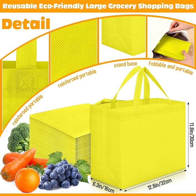 Windyun Reusable Grocery Bags Large Non Woven Shopping Bags with Handles Foldable Portable Tote Bulk, 12.6 x 11.8 x 6.3 Inch