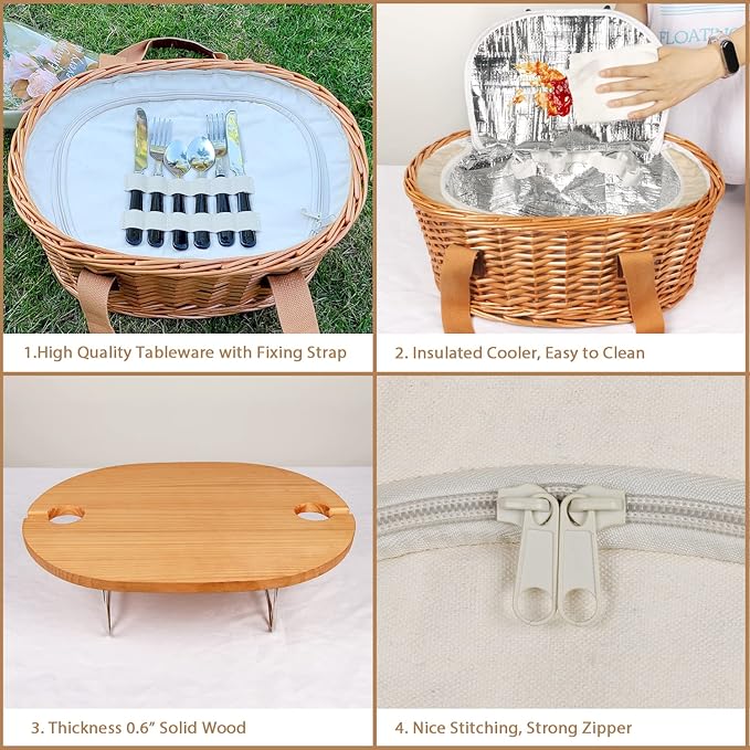Hap Tim Wicker Picnic Basket Set for 2 with Mini Folding Wine Picnic Table & Large Insulated Cooler Bag & Cutlery Service Kits for 2 Person, Couples Gifts, Wedding Gifts (Y2209-2-CM)