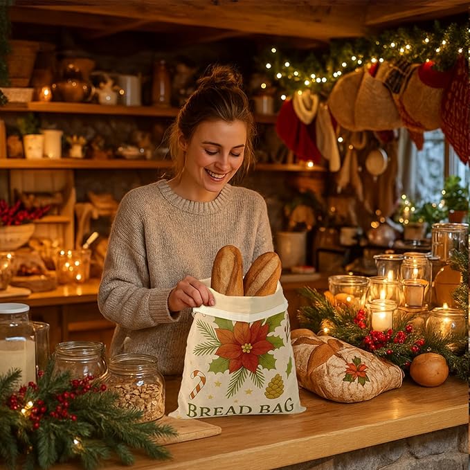 Christmas Beeswax Bread Bags Set – 2 Reusable Bread Bags + 3 Wax Paper Sheets,Eco-Friendly Beeswax Wraps for Food,Homemade Sourdough,Cheese,Snacks & Fruit,Holiday Gift for Bakers Kitchen Lovers