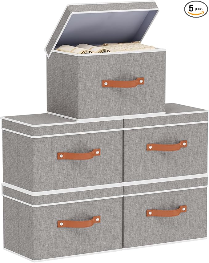 Collapsible Storage Bins with Lids, 5 Pack Linen Foldable Cloth Baskets, 15 x 9.8 x 9.8 Inch Closet Organizer Containers with Double Handles, Sweater Boxes for Bedroom, Grey
