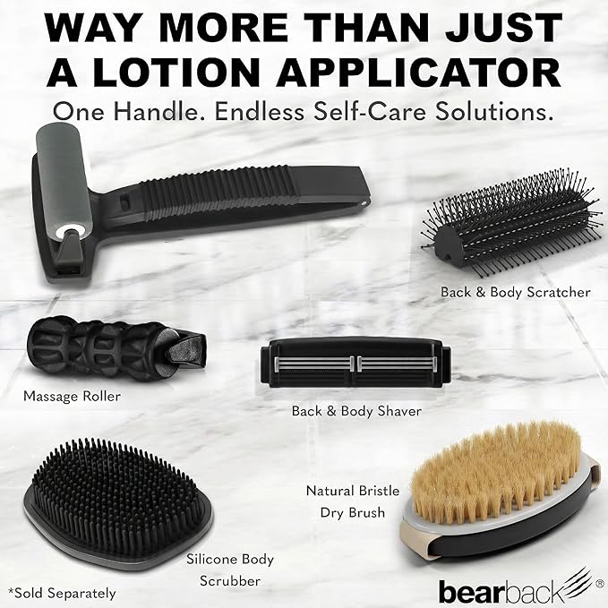 bearback Lotion Applicator for Back & Body - Long Reach Folding Handle with Reusable Foam Rollers - Apply Lotion, Medication, Ointment, Sunscreen, Self Tanner - (Black) (Handle with 2 Rollers)