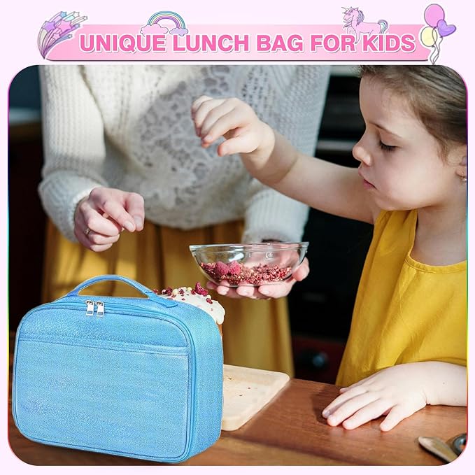 Lunch Box Kids, 11" L x 7" W x 3.5" H, Waterproof Reusable Insulated Lunch Bag for Girls, Cooler Bento Boxes Containers & Snacks for Elementary School Travel