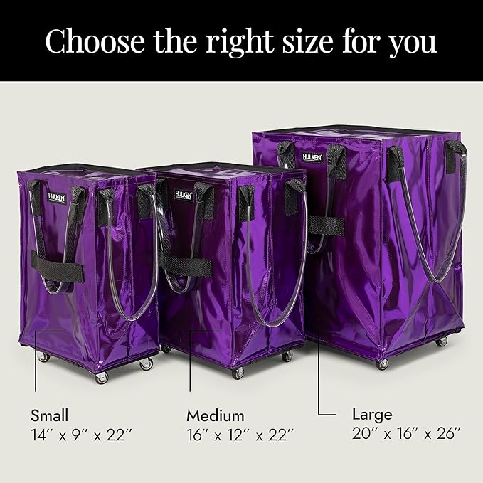 HULKEN - (Large, Ultraviolet) Reusable Grocery Bag On Wheels, Shopping Trolley, Rolling Tote, Zipper Closure, Lightweight, Carries Up to 66 lb, Folds Flat, Unbreakable Handles