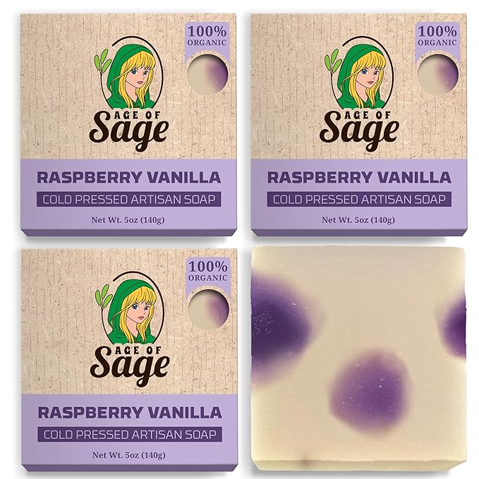 Natural Bar Soap Gift Set for Women - Vegan Bath Handmade Cold Process Artisan Soap with Essential Oil, All Moisturizing Wash Soaps, Fragrant Raspberry Vanilla Scent (4 Pack)