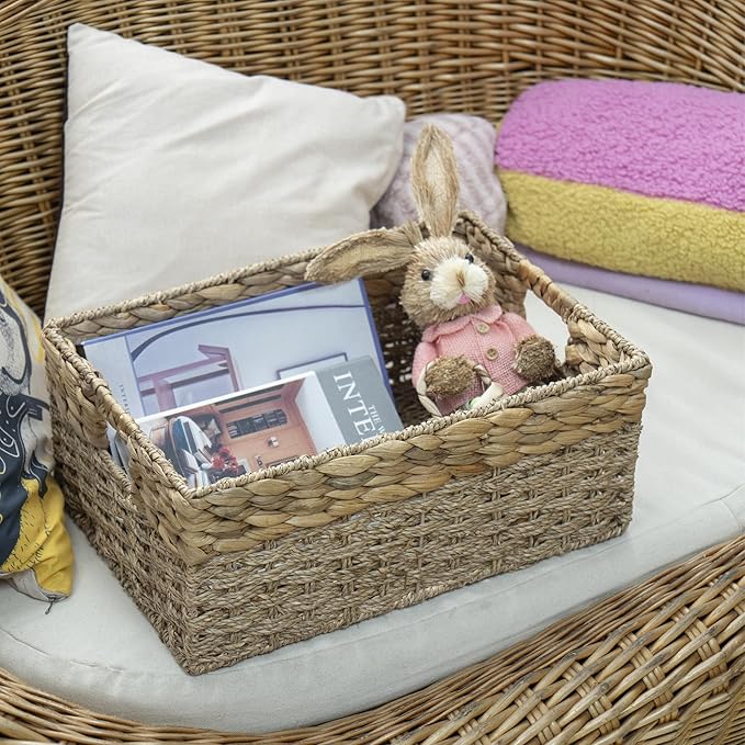 Handmade Water Hyacinth Storage Basket, Woven Basket Organizer with Inner Handles for Home & Office Decor (Medium)