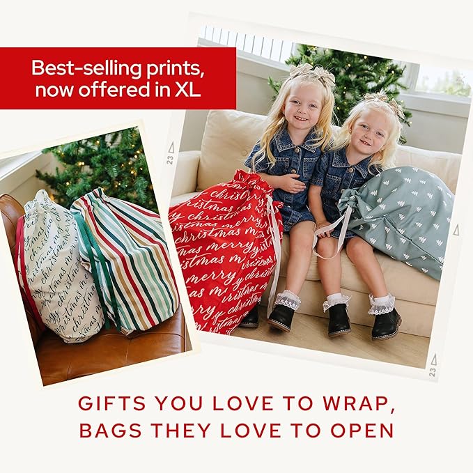 Gather & Knot Drawstring Christmas Gift Bags | 20" Large 16" Medium | Premium Canvas | Reusable Fabric Wrap for Holidays | Mix & Match | Red Merry Christmas