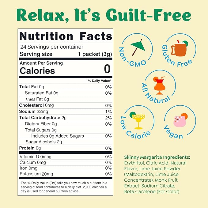 Craftmix Skinny Margarita Cocktail & Mocktail Drink Mixer, Skinny Mixes - Water Flavoring Packets - Made With Real Fruit - Vegan, No-Carb, No-Sugar, Non-GMO, Dairy Free, Gluten Free, 24 Pack