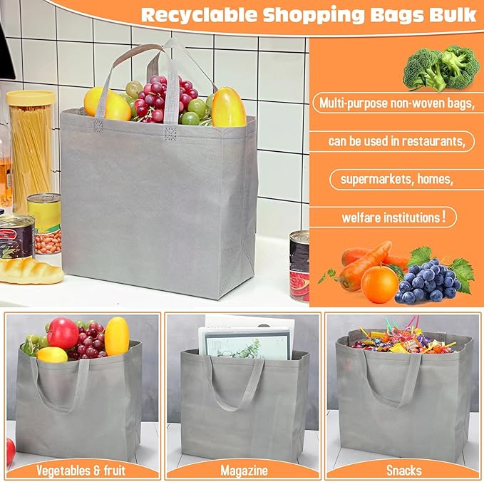 Windyun Reusable Grocery Bags Large Non Woven Shopping Bags with Handles Foldable Portable Tote Bulk, 12.6 x 11.8 x 6.3 Inch